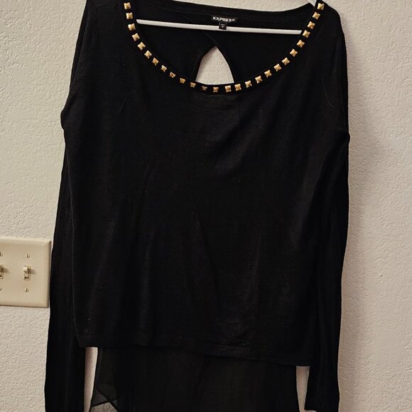 EXPRESS Black silk Top Over Sheer Tank Size L Gold Accents at Neckline - Picture 5 of 7